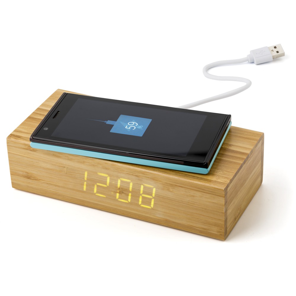 Wireless Ladepad aus Bambus mit Uhr Rosie, Bambus